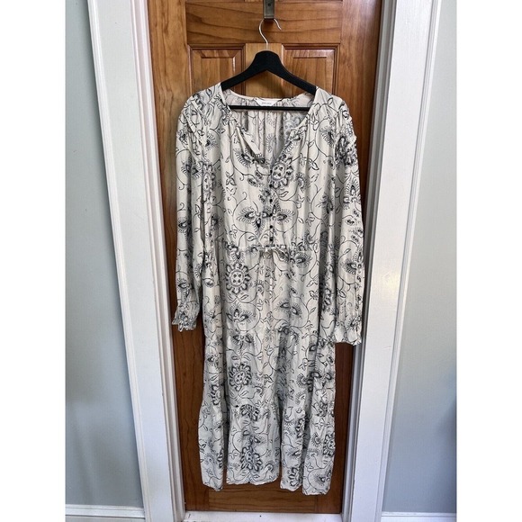 M&S Per Una MIDI Dress Beige Black Tiered Long Sleeve Prairie Cottage US 14 - Picture 2 of 15